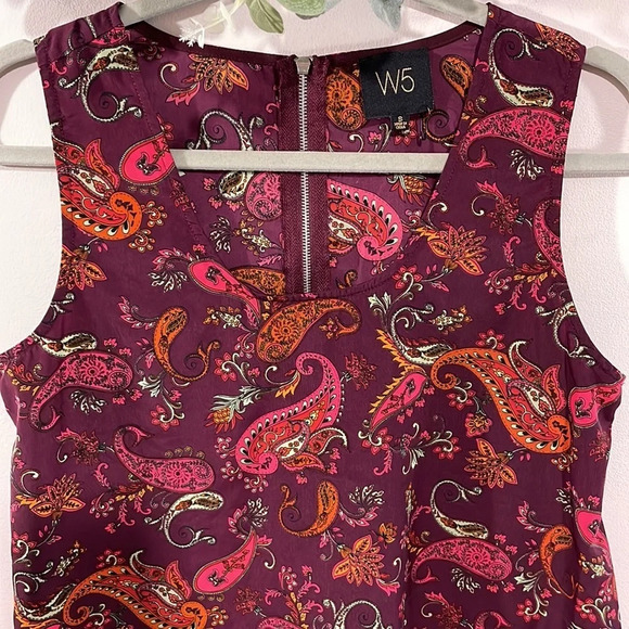 NWOT W5 Sleeveless Paisley Satin Tank Top Exposed Back Zipper S - Picture 2 of 12